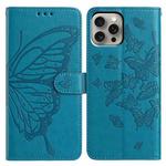 For iPhone 15 Pro Max Butterfly Flutter Pattern Embossed Leather Phone Case(Blue)