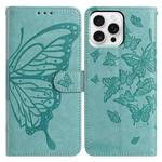 For iPhone 16 Pro Butterfly Flutter Pattern Embossed Leather Phone Case(Green)
