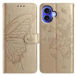 For iPhone 16 Butterfly Flutter Pattern Embossed Leather Phone Case(Gold)