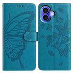 For iPhone 16 Butterfly Flutter Pattern Embossed Leather Phone Case(Blue)