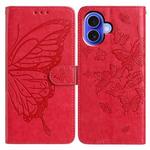 For iPhone 16 Butterfly Flutter Pattern Embossed Leather Phone Case(Red)