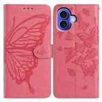 For iPhone 16 Butterfly Flutter Pattern Embossed Leather Phone Case(Rose Red)