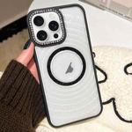 For iPhone 16 Pro Max Diamond Lens Frame MagSafe Wave Texture Clear Phone Case(Black)