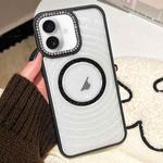 For iPhone 16 Diamond Lens Frame MagSafe Wave Texture Clear Phone Case(Black)