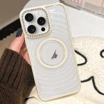 For iPhone 15 Pro Diamond Lens Frame MagSafe Wave Texture Clear Phone Case(Creamy White)