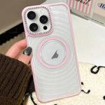 For iPhone 15 Pro Diamond Lens Frame MagSafe Wave Texture Clear Phone Case(Pink)
