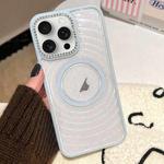 For iPhone 15 Pro Diamond Lens Frame MagSafe Wave Texture Clear Phone Case(Blue)
