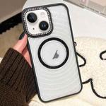 For iPhone 14 Diamond Lens Frame MagSafe Wave Texture Clear Phone Case(Black)