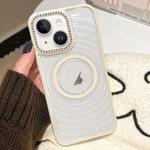 For iPhone 14 Diamond Lens Frame MagSafe Wave Texture Clear Phone Case(Creamy White)