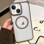 For iPhone 14 Diamond Lens Frame MagSafe Wave Texture Clear Phone Case(Brown)