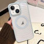 For iPhone 14 Diamond Lens Frame MagSafe Wave Texture Clear Phone Case(Blue)
