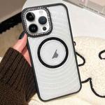For iPhone 12 Pro Max Diamond Lens Frame MagSafe Wave Texture Clear Phone Case(Black)