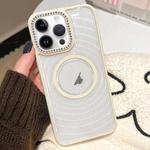 For iPhone 12 Pro Max Diamond Lens Frame MagSafe Wave Texture Clear Phone Case(Creamy White)