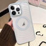 For iPhone 12 Pro Max Diamond Lens Frame MagSafe Wave Texture Clear Phone Case(Blue)