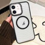For iPhone 11 Diamond Lens Frame MagSafe Wave Texture Clear Phone Case(Black)