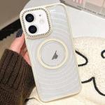 For iPhone 11 Diamond Lens Frame MagSafe Wave Texture Clear Phone Case(Creamy White)