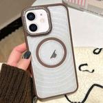 For iPhone 11 Diamond Lens Frame MagSafe Wave Texture Clear Phone Case(Brown)