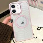 For iPhone 11 Diamond Lens Frame MagSafe Wave Texture Clear Phone Case(Pink)