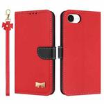 For iPhone 16e Metal Bow Leather Phone Case with Hand Strap(Red)
