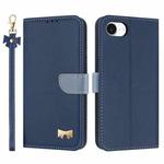 For iPhone 16e Metal Bow Leather Phone Case with Hand Strap(Dark Blue)