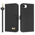 For iPhone 16e Metal Bow Leather Phone Case with Hand Strap(Black)