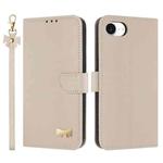 For iPhone 16e Metal Bow Leather Phone Case with Hand Strap(Apricot)