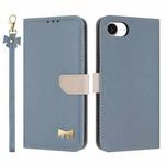 For iPhone 16e Metal Bow Leather Phone Case with Hand Strap(Light Blue)