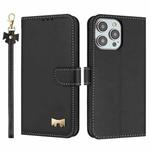 For iPhone 16 Pro Max Metal Bow Leather Phone Case with Hand Strap(Black)