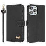 For iPhone 16 Pro Metal Bow Leather Phone Case with Hand Strap(Black)