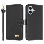 For iPhone 16 Plus Metal Bow Leather Phone Case with Hand Strap(Black)