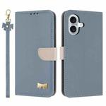 For iPhone 16 Plus Metal Bow Leather Phone Case with Hand Strap(Light Blue)
