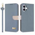 For iPhone 16 Metal Bow Leather Phone Case with Hand Strap(Light Blue)