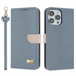 For iPhone 15 Pro Metal Bow Leather Phone Case with Hand Strap(Light Blue)