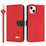 For iPhone 15 Plus / 14 Plus Metal Bow Leather Phone Case with Hand Strap(Red)