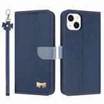 For iPhone 15 Plus / 14 Plus Metal Bow Leather Phone Case with Hand Strap(Dark Blue)