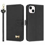 For iPhone 15 Plus / 14 Plus Metal Bow Leather Phone Case with Hand Strap(Black)