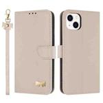 For iPhone 15 Plus / 14 Plus Metal Bow Leather Phone Case with Hand Strap(Apricot)