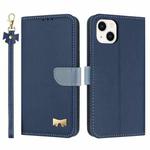 For iPhone 14 / 13 Metal Bow Leather Phone Case with Hand Strap(Dark Blue)