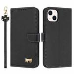 For iPhone 14 / 13 Metal Bow Leather Phone Case with Hand Strap(Black)