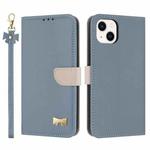 For iPhone 14 / 13 Metal Bow Leather Phone Case with Hand Strap(Light Blue)