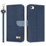 For iPhone 7 / 8 / SE 2022 Metal Bow Leather Phone Case with Hand Strap(Dark Blue)