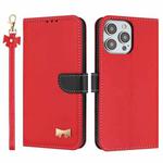 For iPhone 13 Pro Metal Bow Leather Phone Case with Hand Strap(Red)