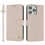 For iPhone 13 Pro Metal Bow Leather Phone Case with Hand Strap(Apricot)