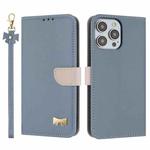 For iPhone 13 Pro Metal Bow Leather Phone Case with Hand Strap(Light Blue)