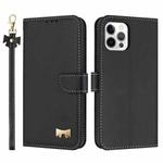 For iPhone 12 / 12 Pro Metal Bow Leather Phone Case with Hand Strap(Black)