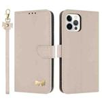 For iPhone 12 / 12 Pro Metal Bow Leather Phone Case with Hand Strap(Apricot)