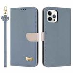 For iPhone 12 / 12 Pro Metal Bow Leather Phone Case with Hand Strap(Light Blue)