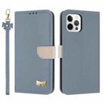For iPhone 12 Pro Max Metal Bow Leather Phone Case with Hand Strap(Light Blue)