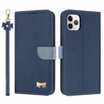 For iPhone 11 Pro Max Metal Bow Leather Phone Case with Hand Strap(Dark Blue)