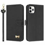 For iPhone 11 Pro Max Metal Bow Leather Phone Case with Hand Strap(Black)